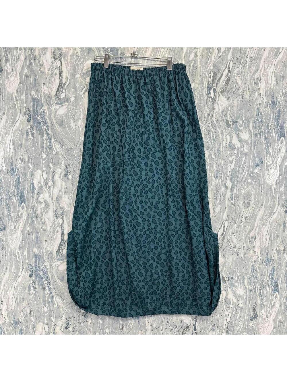 Artsy Boho Minimalist Lagenlook Avant-Garde Blue Leopard Print Maxi Skirt (L)